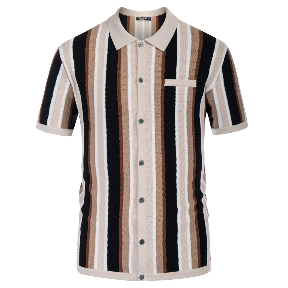 

Men Contrast Color Polo-Shirt Short Sleeve Stripes Contrast Lapel Collar Button Placket Tops Vintage Fashion Clothes