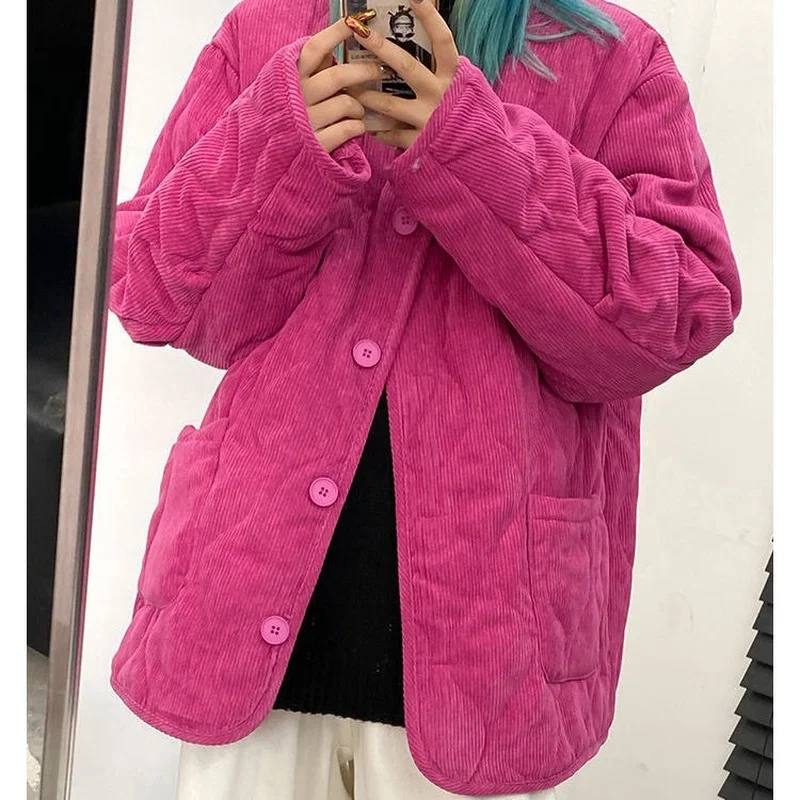 

Short Style Parkas Women Corduroy Winter Coat Famale Loose New Thicken Ins Korean Vintage Solid Warm Simple Leisure Streetwear