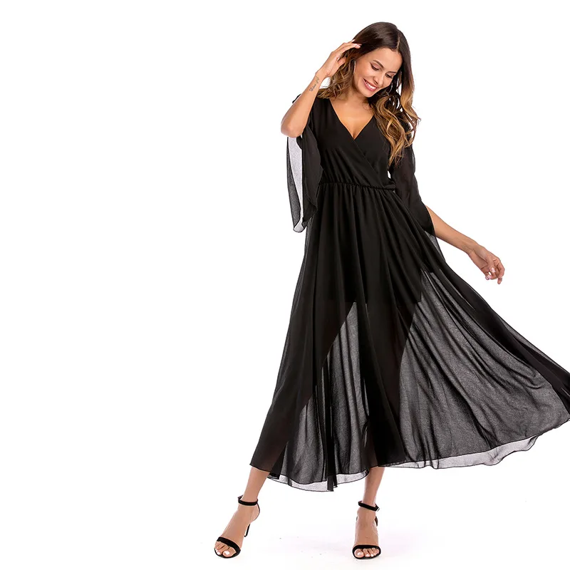 

Cross-border European and American solid color low collar horn in the sleeve lace perspective large dress women