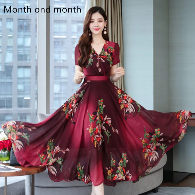 Женское шифоновое платье в богемном стиле длинное с v-образным вырезом и