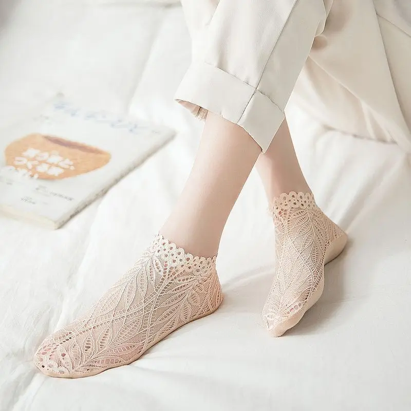 Новинка модные женские носки до щиколотки с цветочным кружевом хлопковые