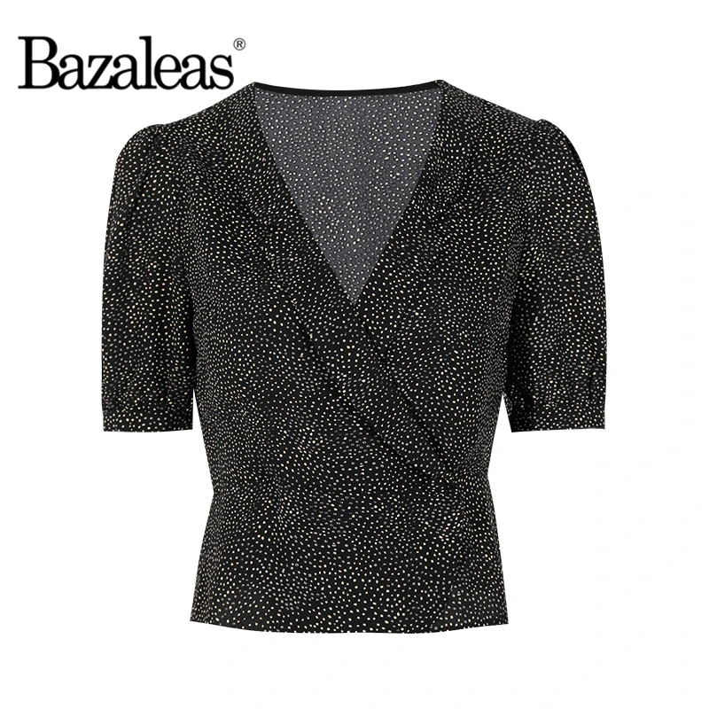 

Женская винтажная блузка Bazaleas, черная блузка с коротким рукавом и принтом в горошек, в стиле Харадзюку