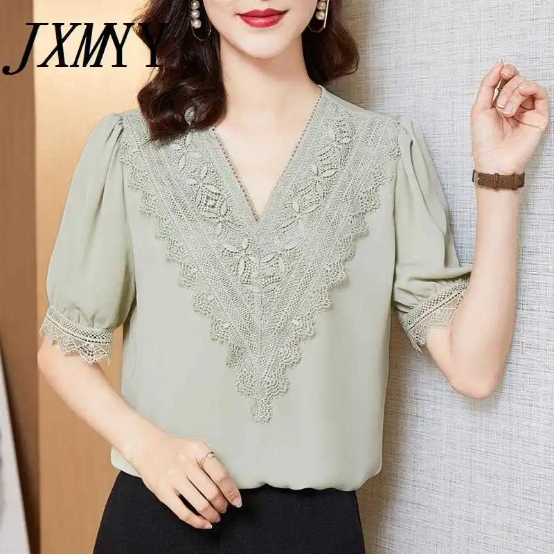 

ICCLEK JXMYY 2021 Fashion New Summer Chiffon Shirt Women Short-Sleeved High-End Small Puff Sleeve Shirt Western-Style V-Neck L