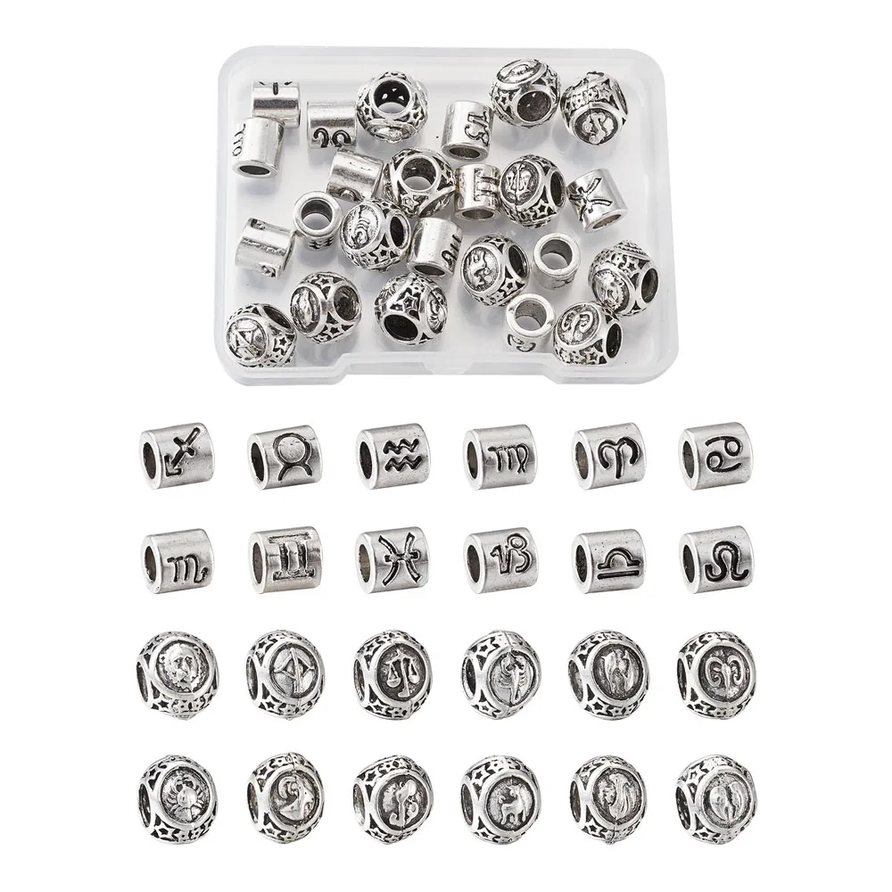 

24pc Antique Silver Color Round/Column Spacer Bead with 12Constellation European Large Hole Beads for Jewelry Charm Bracelet DIY