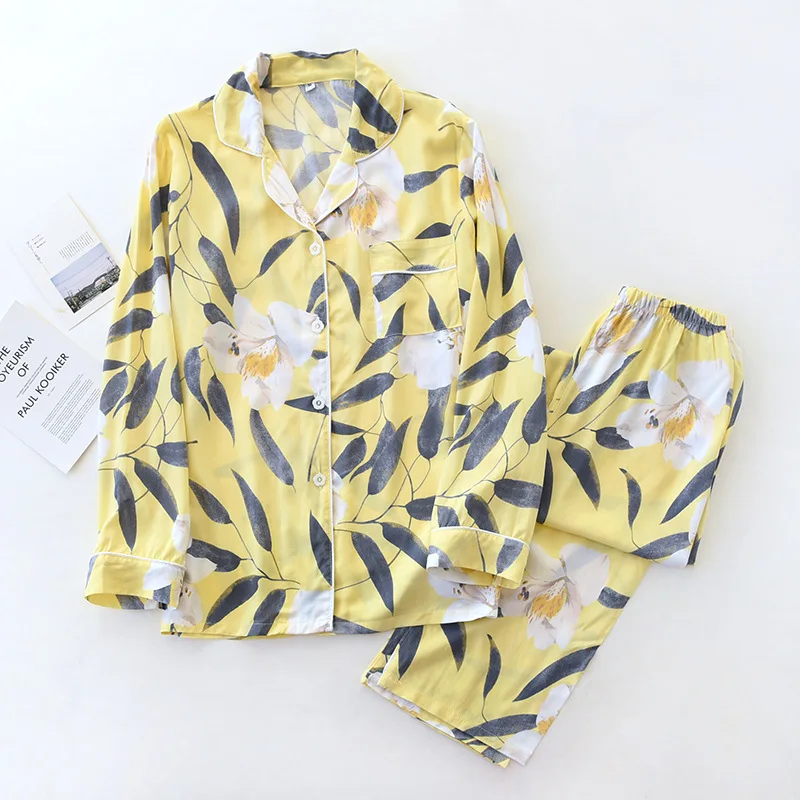 Spring/summer Women Pajamas Set Cotton Silk Thin Long Sleeve Women's Sleepwear Trouser  Rayon Fashion Loose Homewear Two Pieces