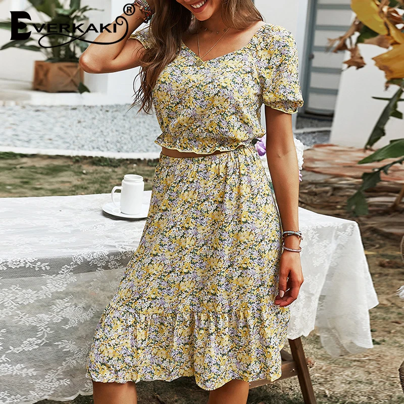 

Everkaki Floral Print Top and Skirt 2PCS Sets Suits Elegant Party Chic Plus Size Boho Outfits Suits Sets Female 2021 Clothing