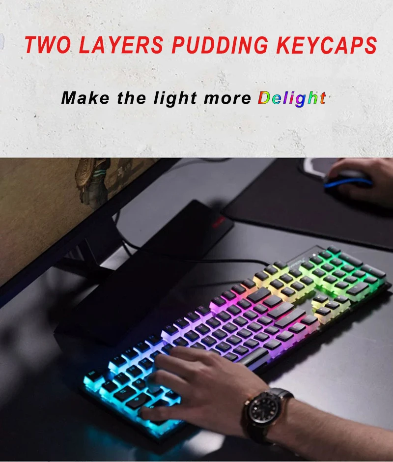 Цветная(RGB) 104 PBT двойной выстрел пудинг 2 слоя прозрачный с подсветкой колпачки для Механическая игровая клавиатура MX Настенные переключатели