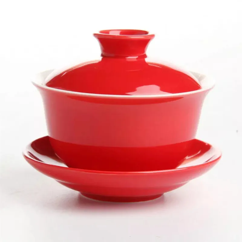Дракон и феникс свадебный gaiwan чайная чаша китайский красный ted чайная чашка и блюдце набор - Цвет: Solid
