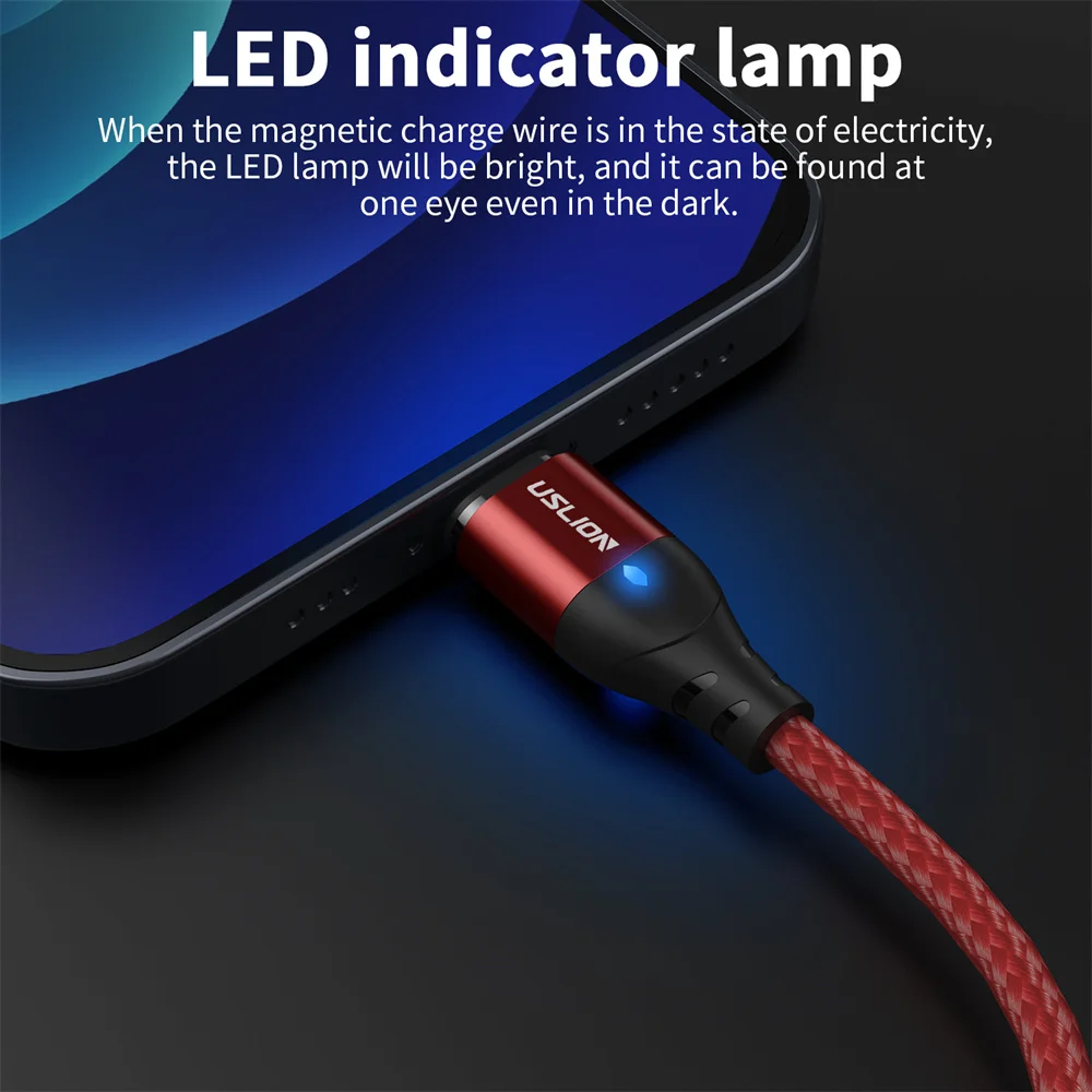 USLION 3A Быстрая зарядка 540 вращающийся светодиодный магнитный кабель USB для типа C
