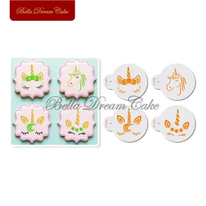 Бесплатная доставка, 4 шт.компл., единорог, трафарет для печенья, трафареты для кофе, трафареты, шаблон для дня рождения, выпечки, формы для торта, украшения торта