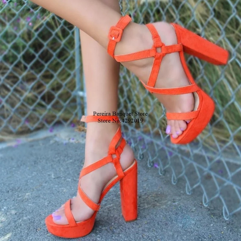 

Sexy Orange Lace Up Platform Chunky Heels Sandals Peep Toe Cross Buckle Strap Dress Shoes Cut-out Suede Party Shoes Drop Ship