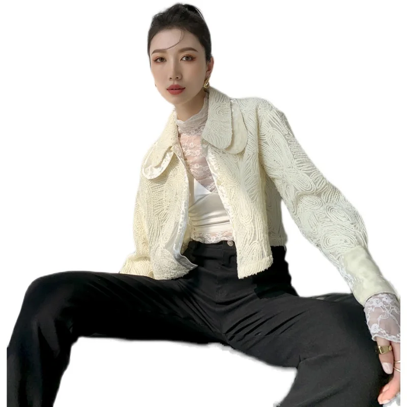 

LANMREM Polo Collar Shirt For Women Long Sleeve Velvet Stitching Crochet Embroidery Design Female Fashion Tide Shirts Top 2A7037