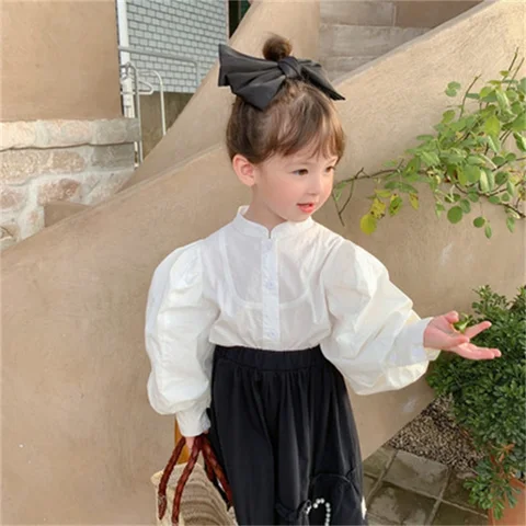 Блузка с пышными рукавами для маленьких девочек, хлопковая рубашка для маленьких принцесс, топ на осень и весну, белая блузка, детская одежда во французском стиле