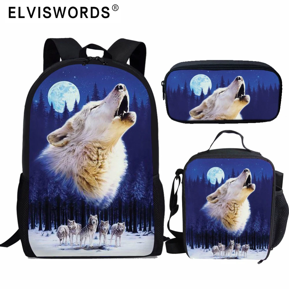 ELVISWORDS Cool Moon Wolf Print School Bags 3Pcs/Set Travel Rucksack For Teenager Boys Girls Orthopedic School Backpack Mochilas