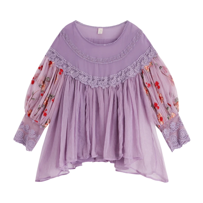 Original Design AIGYPTOS Spring Women Sweet Elegant Purple Blouses Ladies Vintage Embroidery Lantern Sleeve Lace Chiffon Shirts | Женская