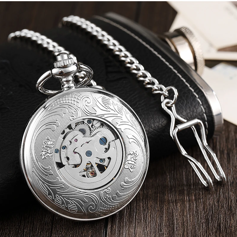 Roman Numeral Antique Mechanical Pocket Watch Skeleton Steampunk Vintage Luxury Eagle Engraved Dial Male Fob Chain Clock for Men