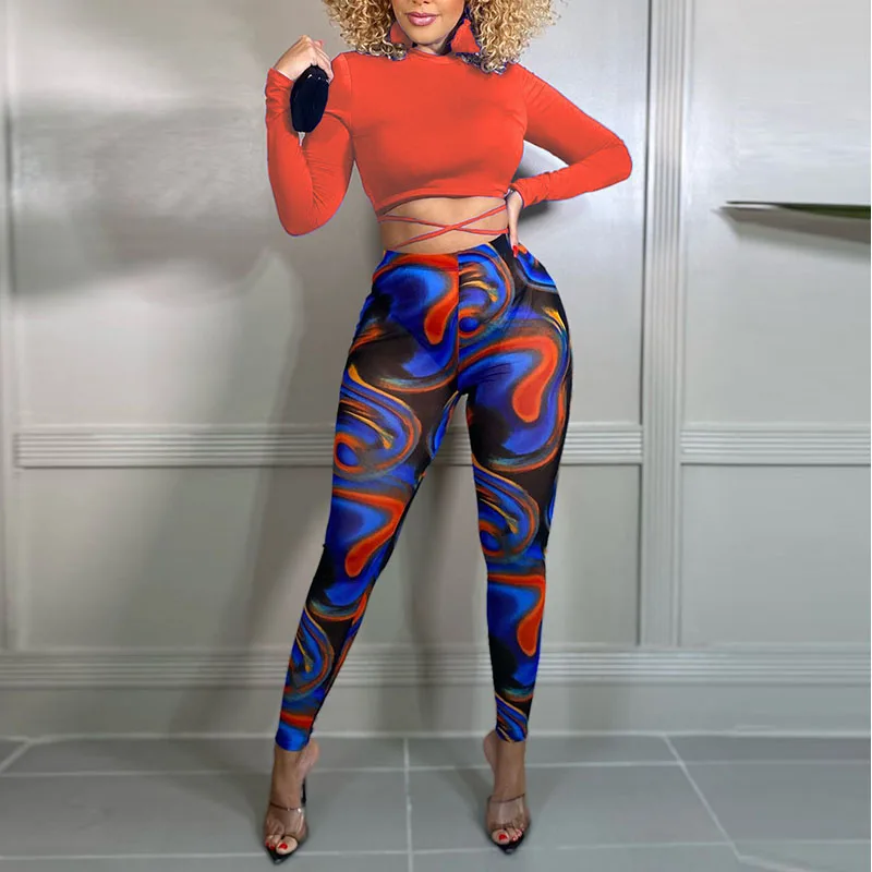 

Women Two Piece Sexy Outfits Long Sleeve Lace Up Crop Top & Skinny Pants Set