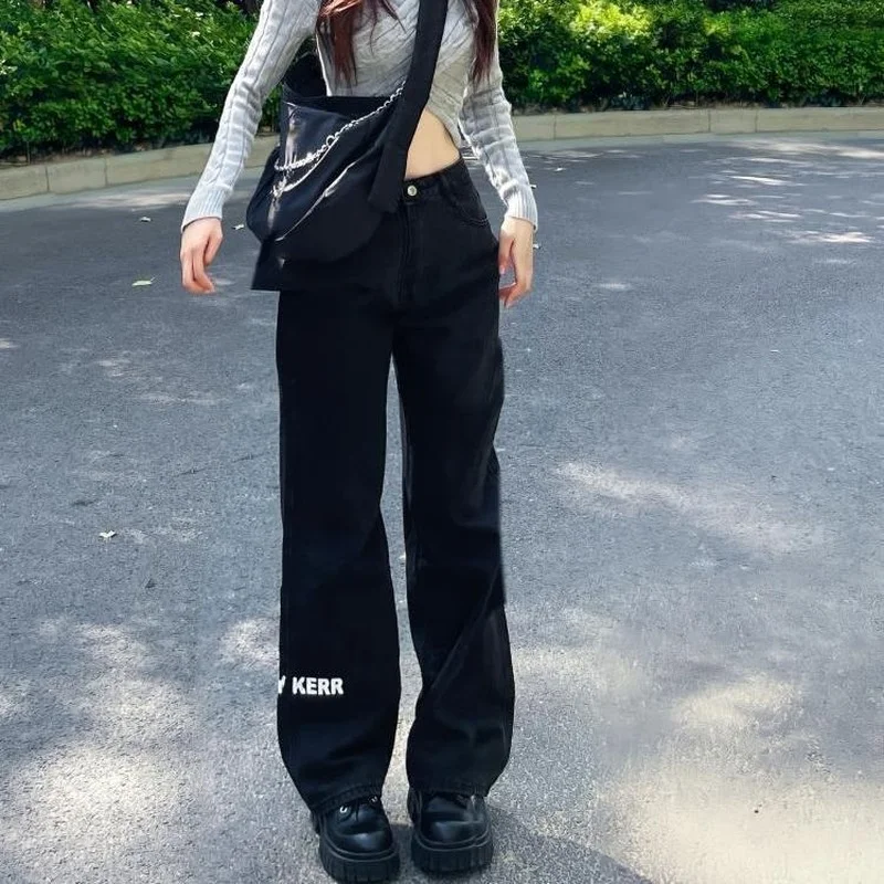 

2XL Black High-waist Straight-leg Jeans Women's Loose Students Were Thin Wide-leg Mopping Retro Trousers Straight Leg Y2k Jeans