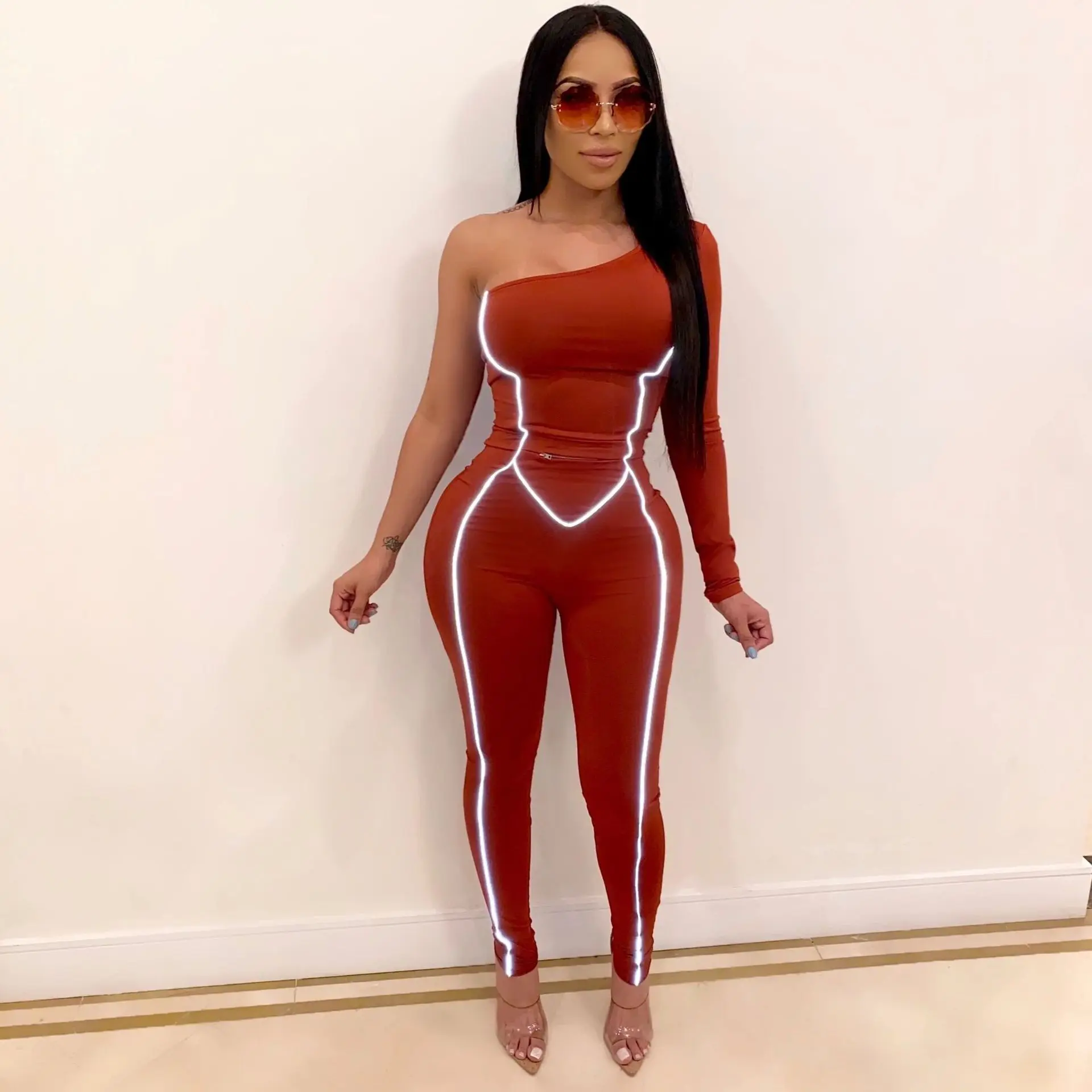 Светоотражающий полосатый комбинезон Для женщин один асимметрия на плечо шею