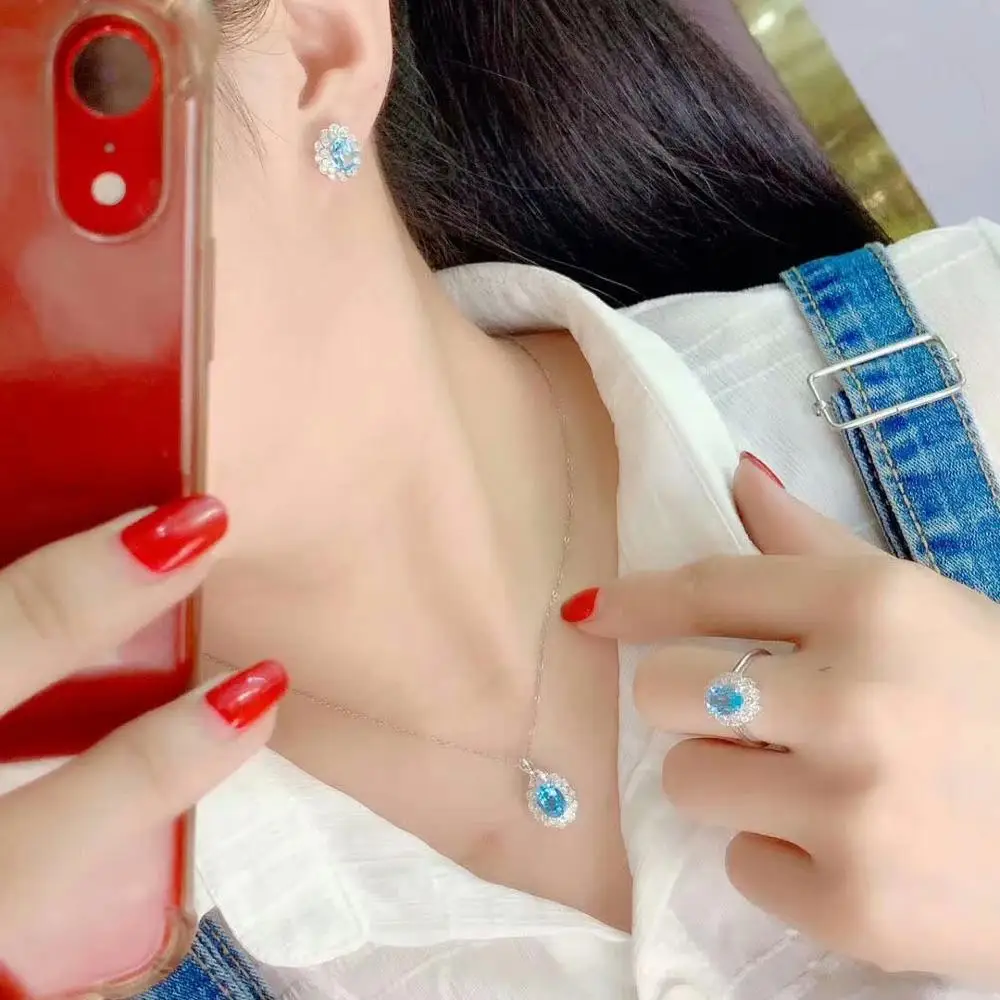 

shilovem 925 sterling silver Natural blue topaz Rings pendants earrings fine Jewelry Jewelry Sets send necklace dtz0608050710agb