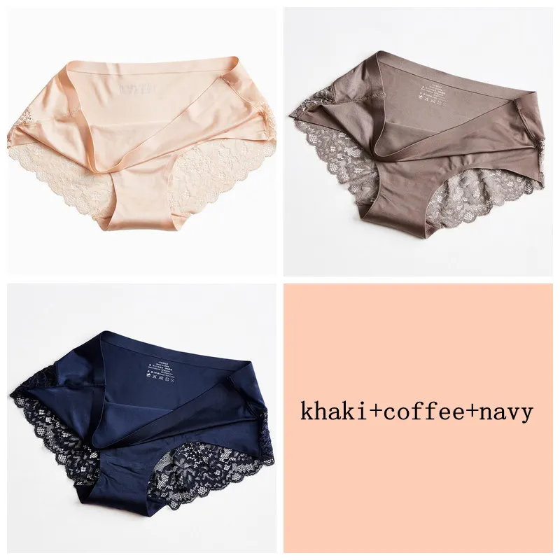 khaki coffee navy 3 шт., сексуальные кружевные бесшовные трусики, женские шелковые трусы, одноцветные трусы с низкой талией, нижнее белье, Летнее белье - Цвет: khaki coffee navy