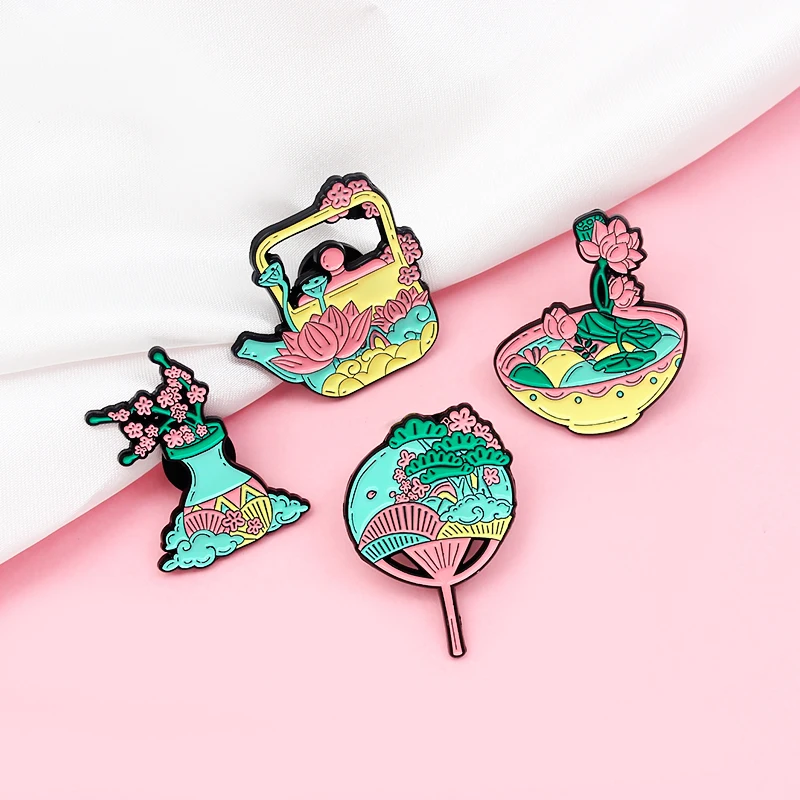 Брошь с эмалью лотос в виде чаши значок на лацкан форме цветка персика веером