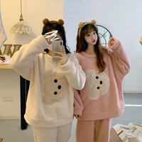 cute bear flannel pajamas women plus fat loose long sleeve thick coral fleece homewear home service suit fall winter