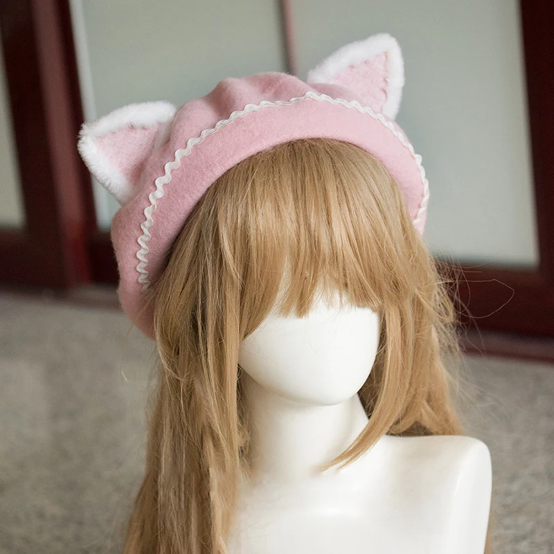 Cute Girls Kawaii Beret Lovely Cat Ear Beanies Sweet Lolita Headwear  Pink Beanies Hat Handmade Wool Felt Women Elegant Beret