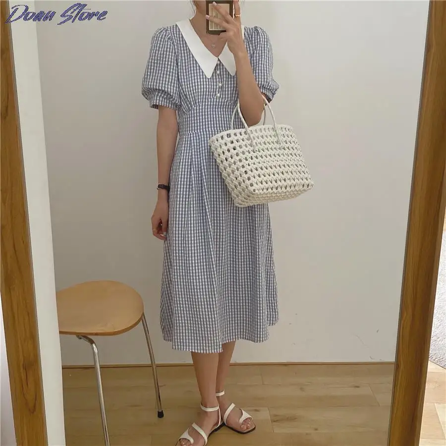 

2021 New Summer French Sweet Women Dresses Plaid Printing Puff Sleeve Doll Collar V-neck Pearl Button Long Dress Vestidos