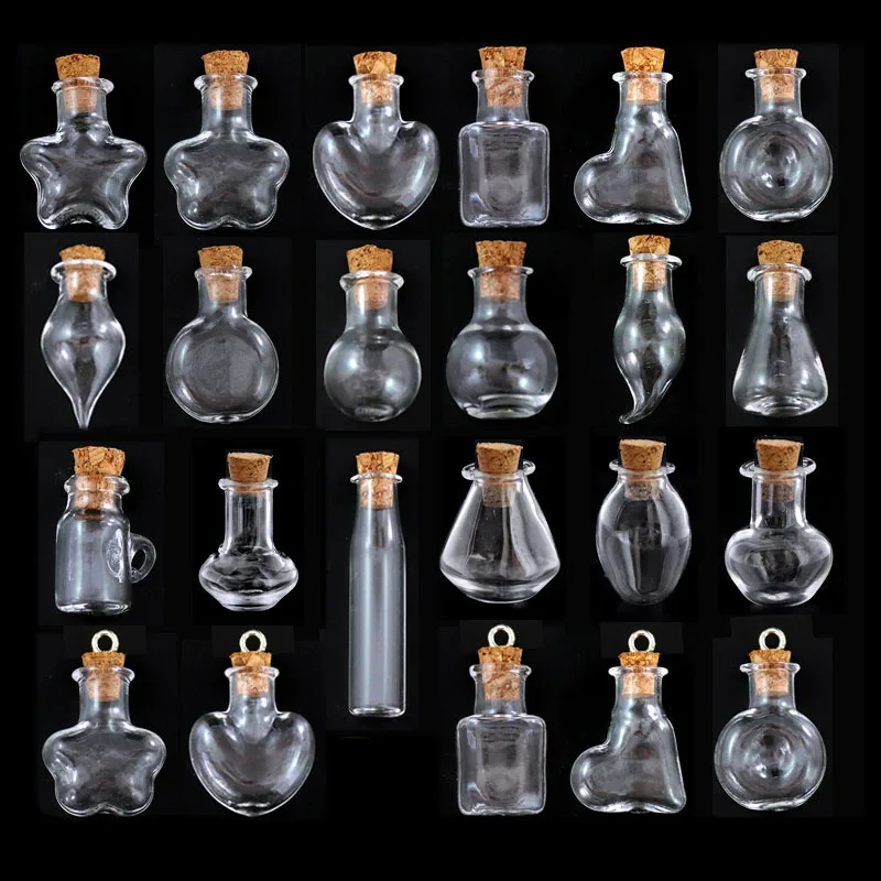 100Pieces Hollow Glass Bottle With Cork Eye Hook Perfume Essential Oil Vial Pendant Mini Wishing Glass Bottle Star Heart Ball
