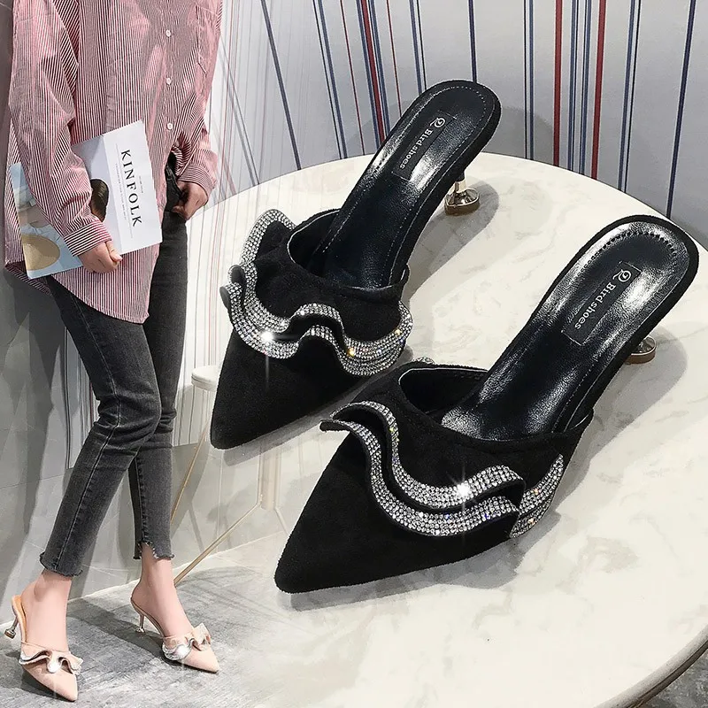 

2020 Spring and Summer The New Lotus leaf Outside Half Slippers Women Shallow Thin Heels Fashion Flock Party Blingbling Solid