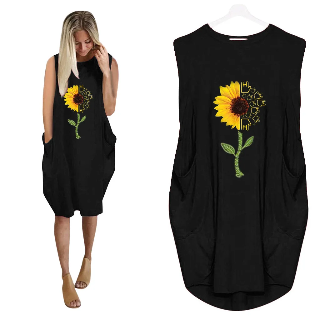 Элегантное женское платье с принтом подсолнуха 2020 пляжное без рукавов