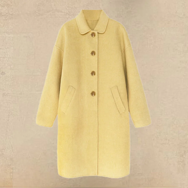 

Spring Autumn Woman Parkas Pockets Turn-down Collar Single Breasted Solid Long Loose Korean Coats Women Wool Coat