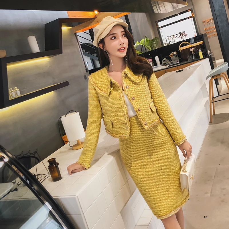 HAMALIEL Brand Runway Tweed Two Piece Set Fall Winter Women Yellow Plaid Tassel Short Weave Jacket +Pencil Wool Blends Skirt | Женская