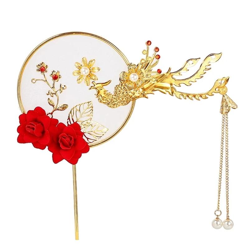 

Alloy Phoenix Cake Decoration Red Rose Cake Topper for Chinese Wedding Anniversary Party Decor