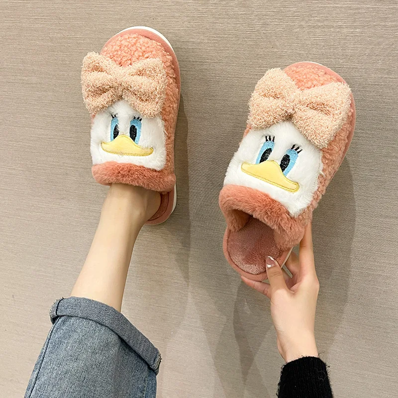 

Cartoon Dark Warm Slippers Korean Style Ins Bow Couple Home Slippers Indoor Warm Fuzzy Soft Slippers Non Slip Cute Slides