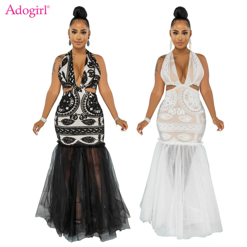 

Adogirl модное Сетчатое лоскутное вечернее платье с принтом русалки женское сексуальное платье с глубоким V-образным вырезом и лямкой на шее с ...