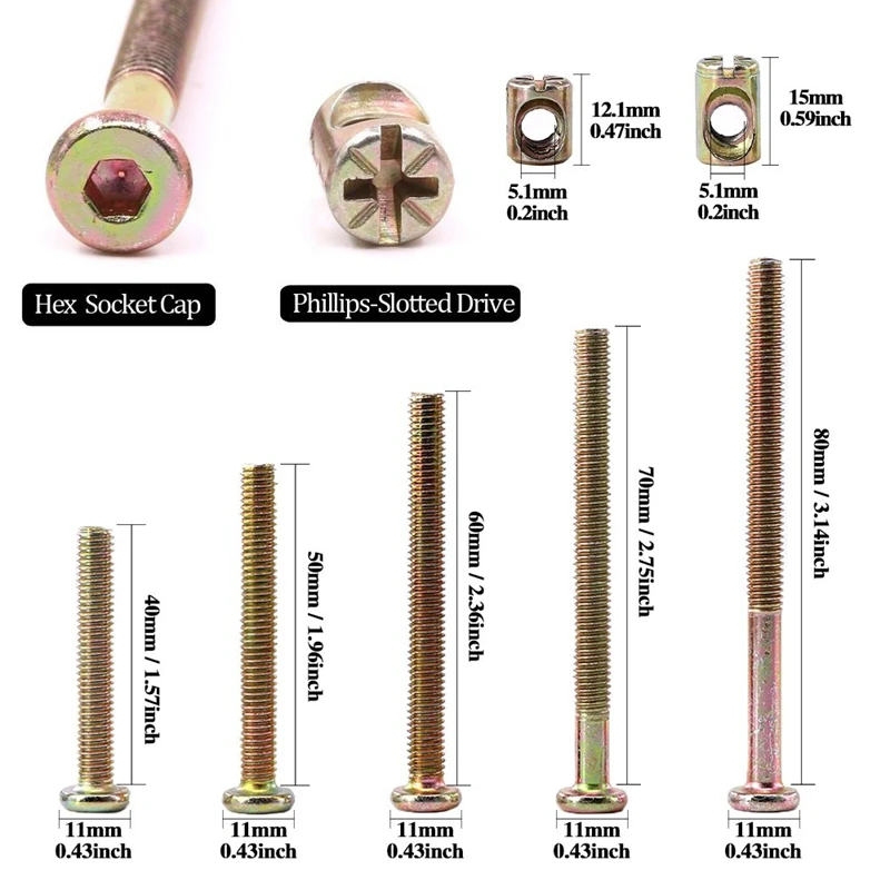 100 шт. мебельные болты для кроватки с бочками набор мебели детские 40 мм/50 мм/60 мм/70