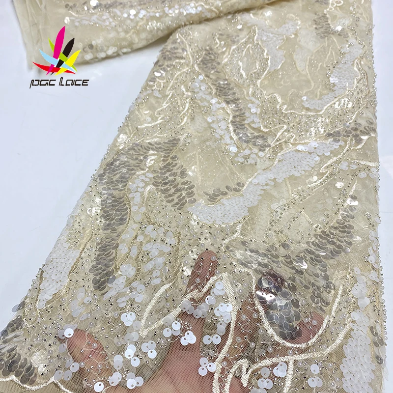 

Beads Sequin Mesh Lace Tulle Fabric Embroidery French Handmade Beaded Luxury Fabric Sequins Mesh African Wedding Material Luxury