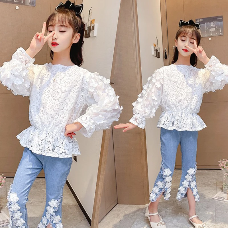 

Girls Autumn Sets Children's Lace Flowers Tops Jeans 2pcs Suit for Teens Clothes 2021 New Kids Fashion Flared Pants Sets 13 14 Y