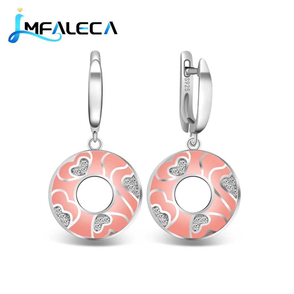 LMFALECA Silver Earrings for Women 100% 925 Sterling Silver Jewelry Dazzling Pink Enamel Drop Round Earring Fine Luxury Jewelry