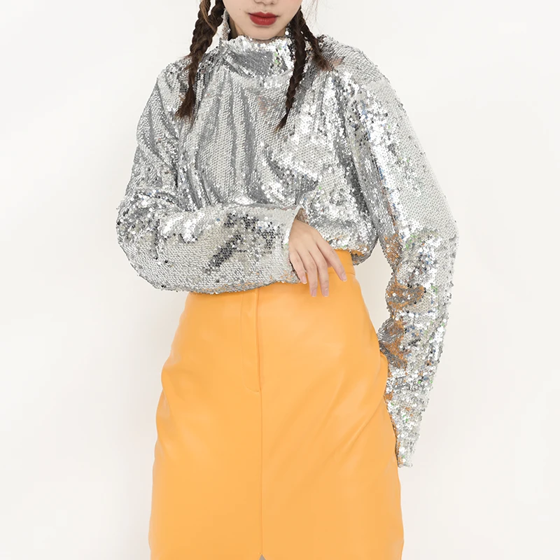 

DEAT New summer And Autumn Winter Turtleneck Full Sleeves Sequins Bling Bling Fashion Women Top Female T-shirt WC8391
