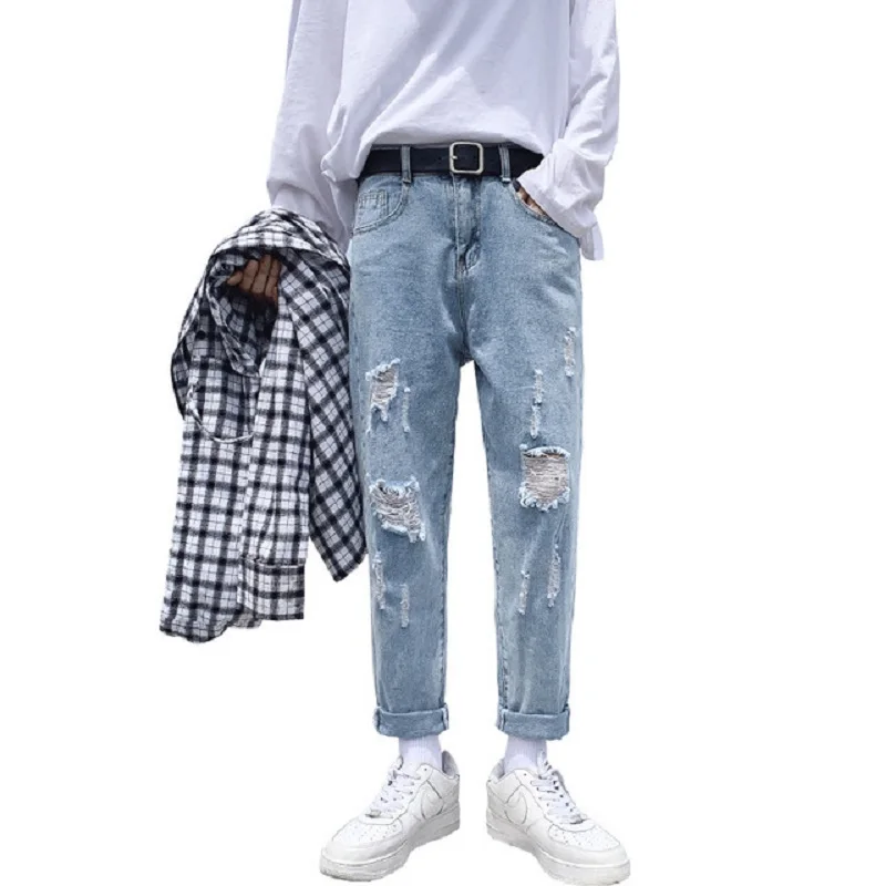 

Men's jeans autumn new style Korean trendy brand pants man scratched broken hole wide-leg nine-point straight loose long jeans