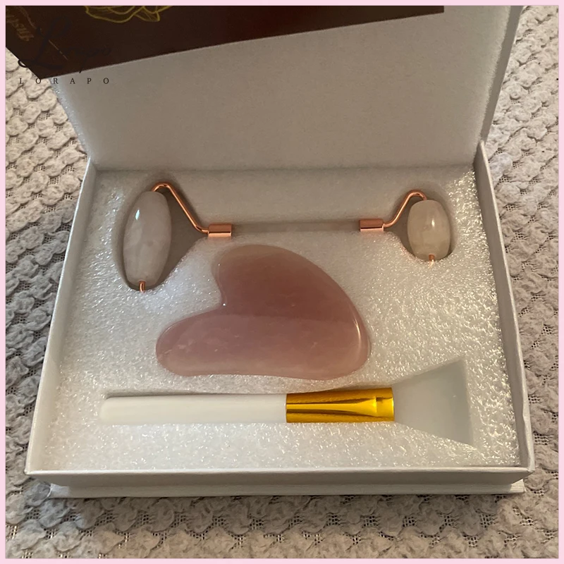 

Natural Jade Facial Massager Rose Quartz Roller Face-lifting Massager Roller Slimming Jade Shaving Mask Brush Three-piece Set