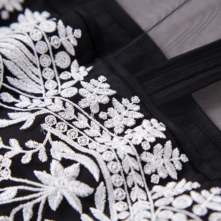 

Quality New Best Luxury Fashion 2021 Spring Women Sexy Sheer Mesh Allover Embroidery Patchwork Vintage Black White Vintage Dress