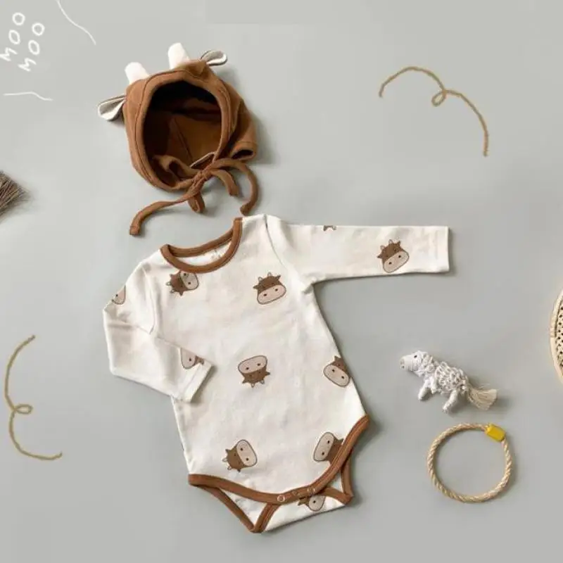 

2021 Summer New Cute Cartoon Print Baby Clothes Cotton Baby Boys Bodysuits Infant Girls Long Sleeve Jumpsuit With Hat Outfits