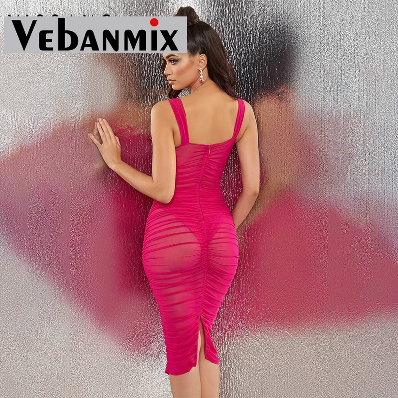 

2020 Sexy Bandage Double Mesh Dress Women Midi Dresses Summer Spaghetti Strap Bodycon Party Club Female Dress Vestido