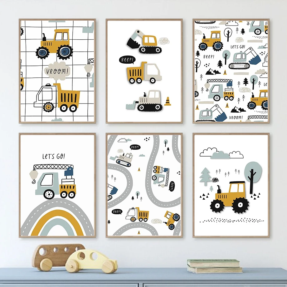 

Cartoon Tractor Crane Excavator Rainbow Quotes Wall Art Canvas Nordic Posters Painting And Prints Wall Pictures Kids Room Decor