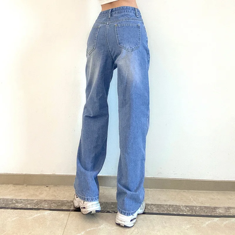 

Digital printing contrast color trousers summer new women's high-waist washed casual straight-leg jeans