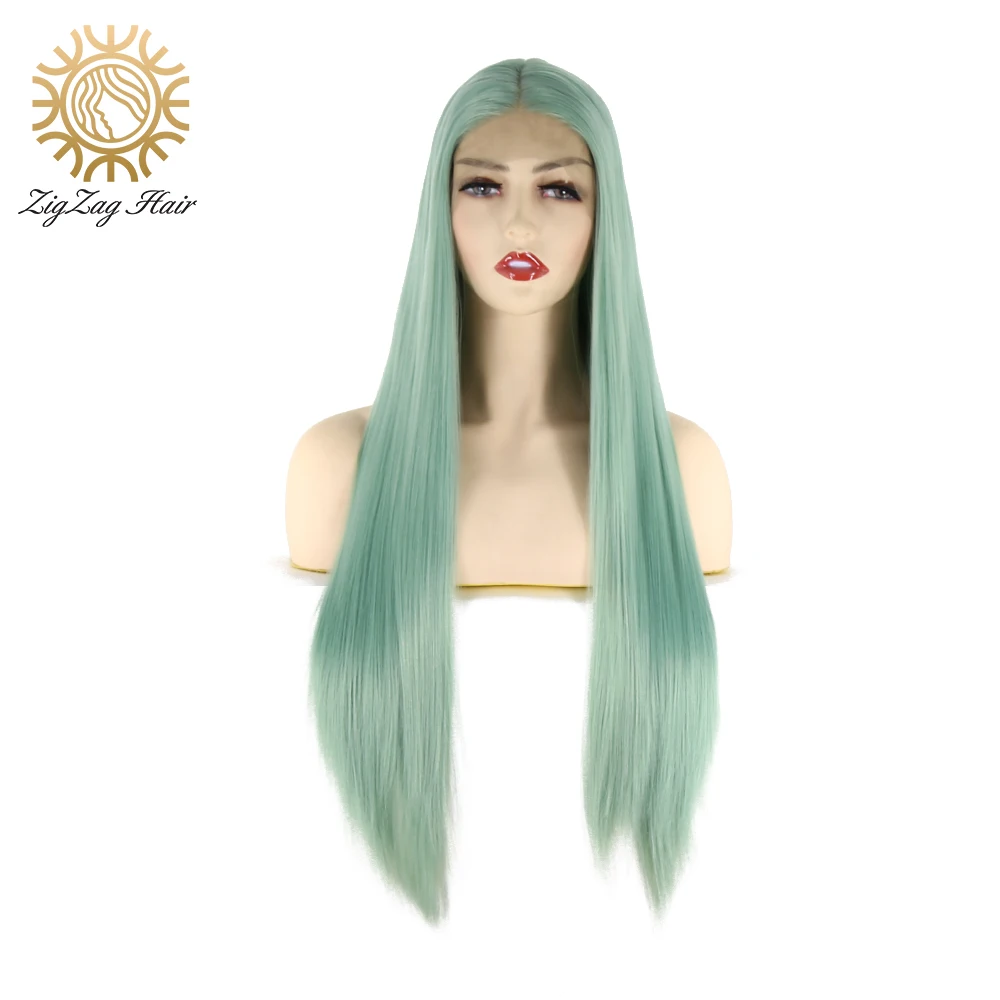 Длинные прямые синтетические парики BTWTRY мятного цвета на сетке спереди для